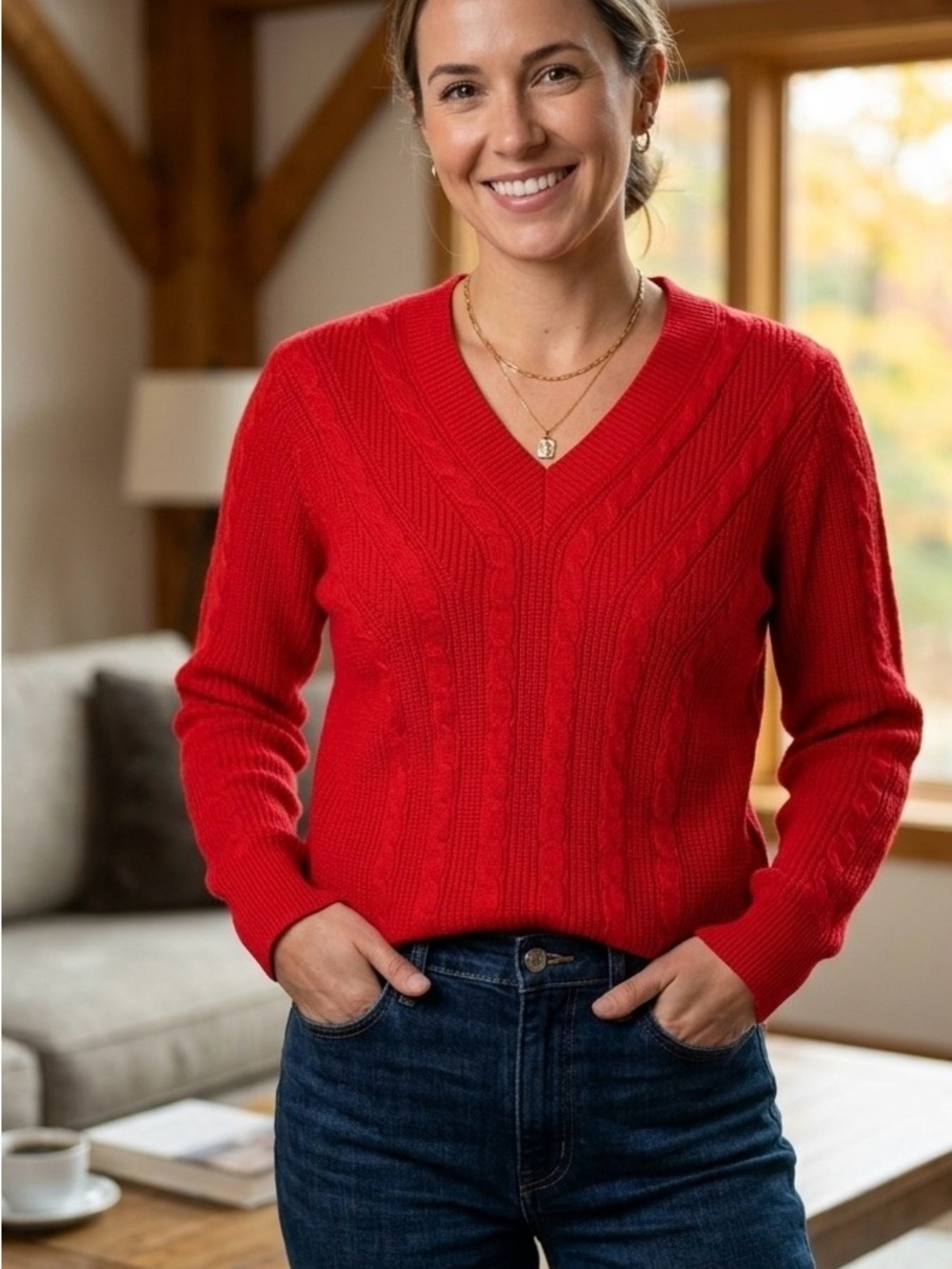 NWOT Avara Red Meagan Chunky Cable Knit V-Neck Sweater M